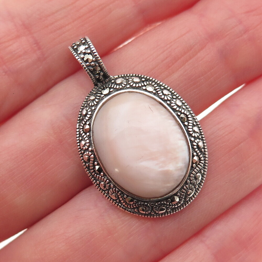 925 Sterling Silver Vintage Real MOP & Marcasite Oxidized Charm Pendant
